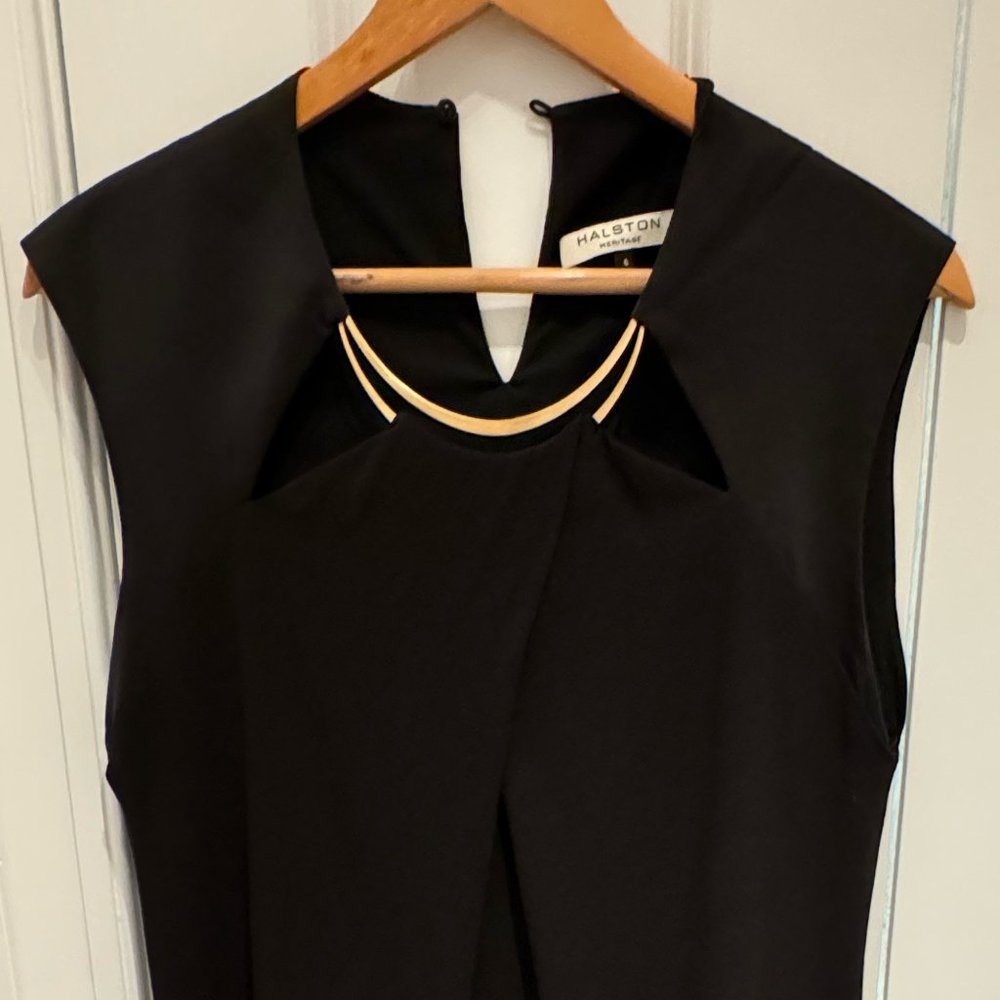 HALSTON Black Cocktail Dress With Gold Metal Accessories Size 6